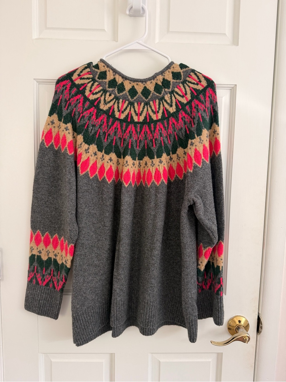 Vince Camuto Gray Fair Isle Crewneck Sweater with Pink and Green Yoke
